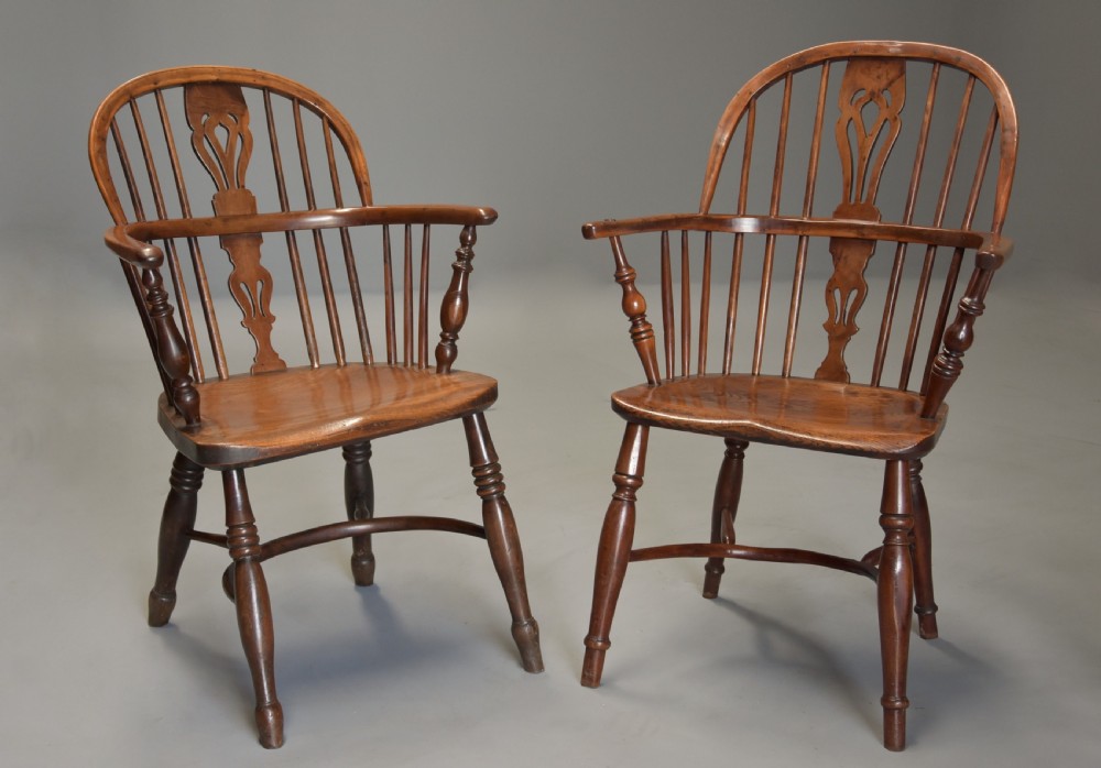 Mid 19th century well matched set of six yew wood low back Windsor armchairs View III