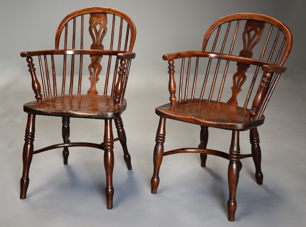 Mid 19th century well matched set of six yew wood low back Windsor armchairs View V