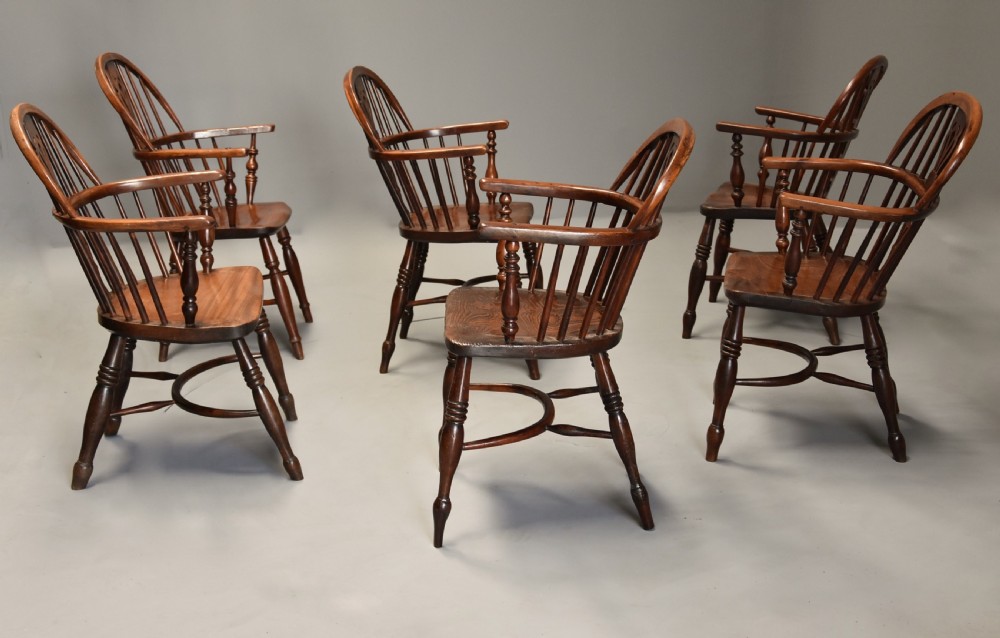 Mid 19th century well matched set of six yew wood low back Windsor armchairs View VI
