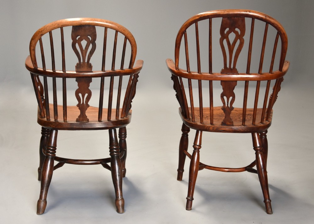Mid 19th century well matched set of six yew wood low back Windsor armchairs View X