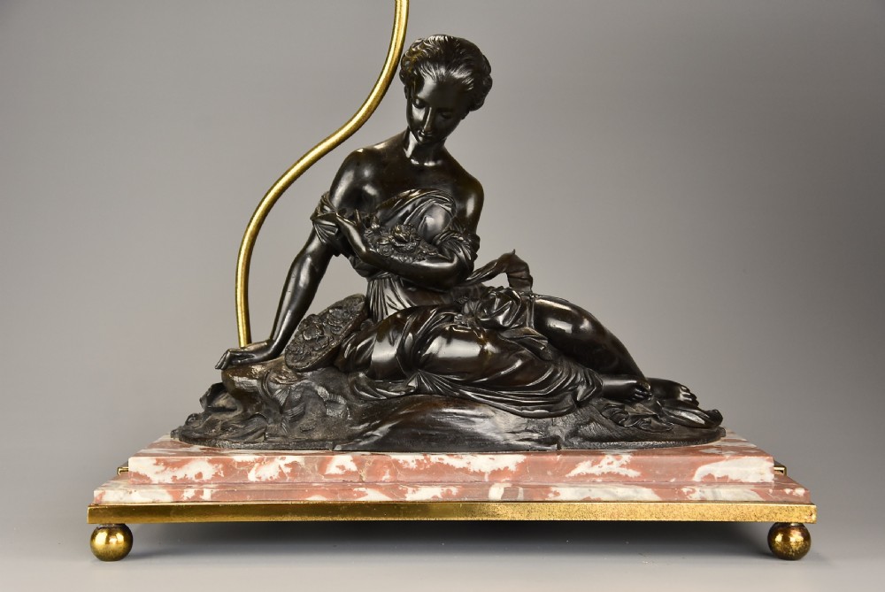 Early 20th century fine quality French bronze & marble table lamp of a Classical female View II