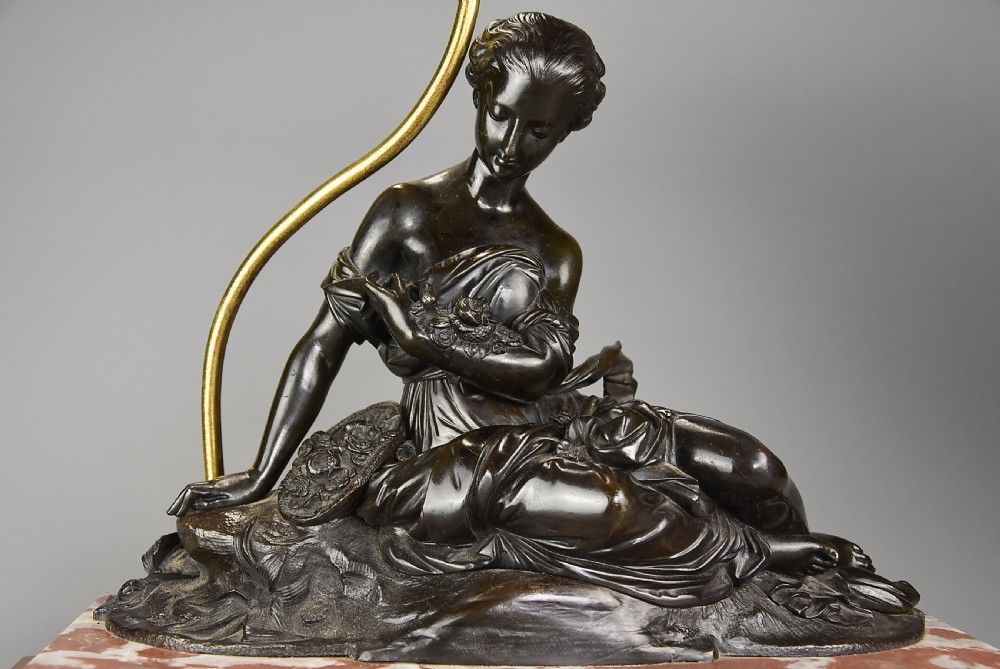 Early 20th century fine quality French bronze & marble table lamp of a Classical female View IV
