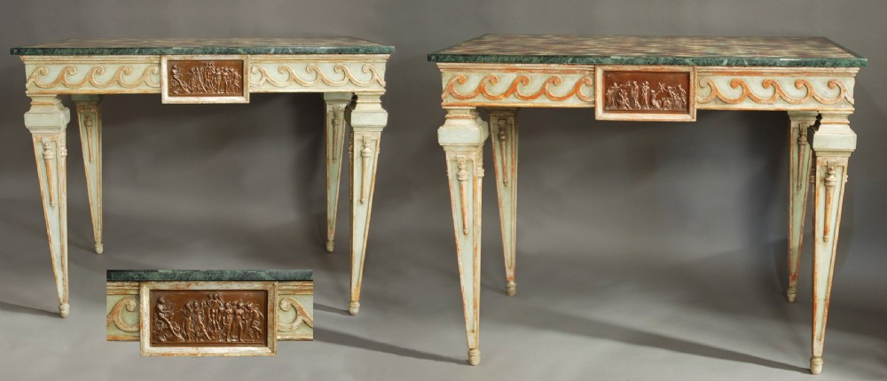 A pair of Italian hand-painted Neoclassical console tables featuring tapered fluted legs, classical relief plaques, and geometric specimen marble tops. View II
