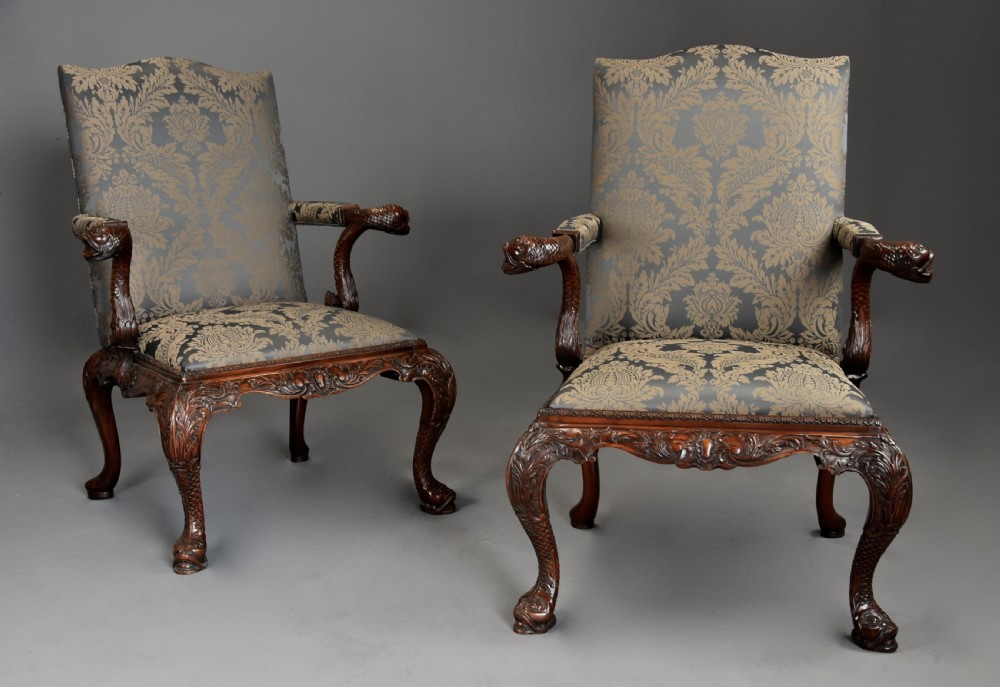 Superb quality pair of late 19th century George II style mahogany Gainsborough open armchairs