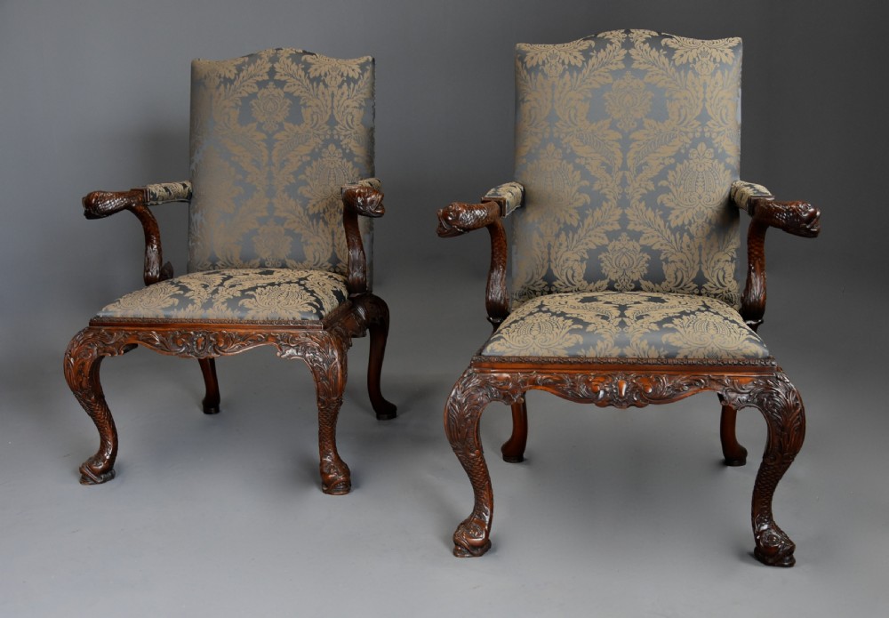 Superb quality pair of late 19th century George II style mahogany Gainsborough open armchairs View II