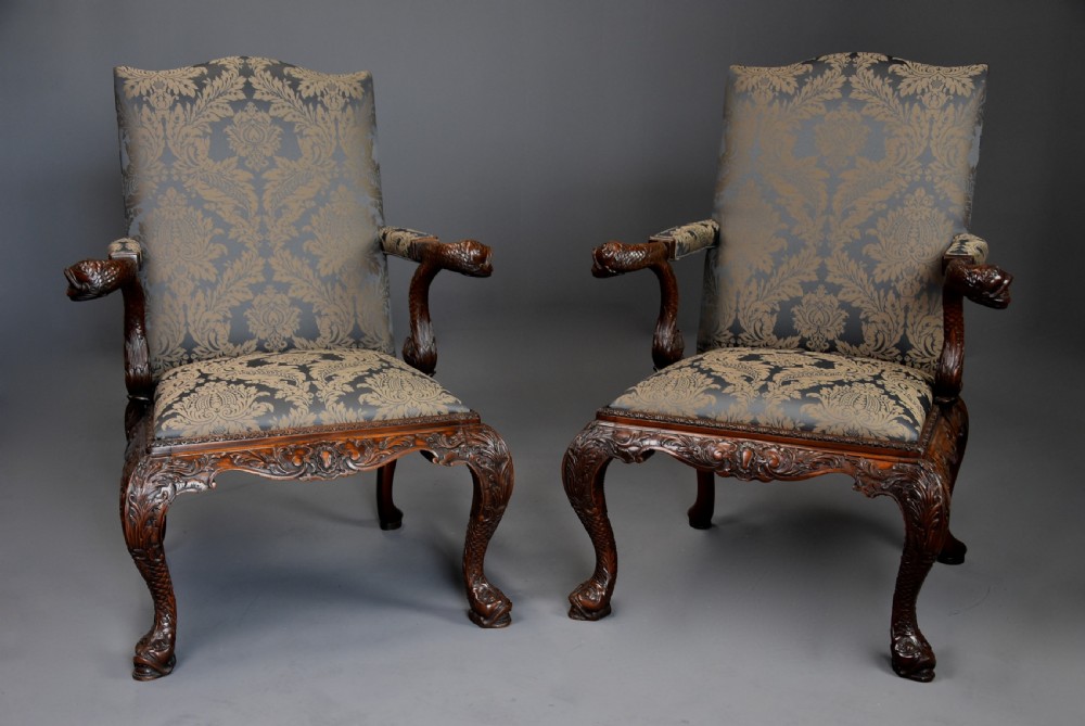 Superb quality pair of late 19th century George II style mahogany Gainsborough open armchairs View III
