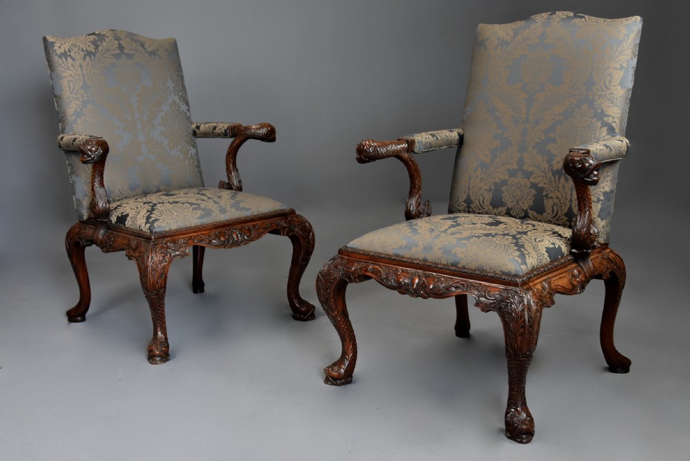 Superb quality pair of late 19th century George II style mahogany Gainsborough open armchairs View V