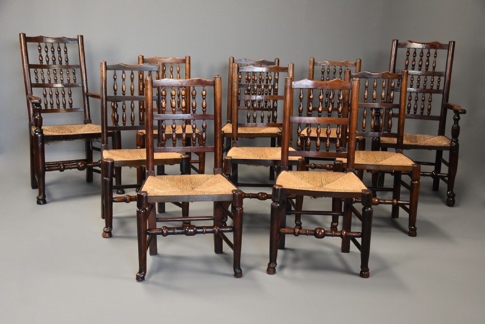 Mid 19th century matched set of ten ash, elm & sycamore spindle back chairs of superb patina