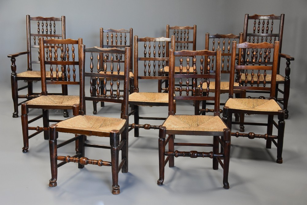 Mid 19th century matched set of ten ash, elm & sycamore spindle back chairs of superb patina View II