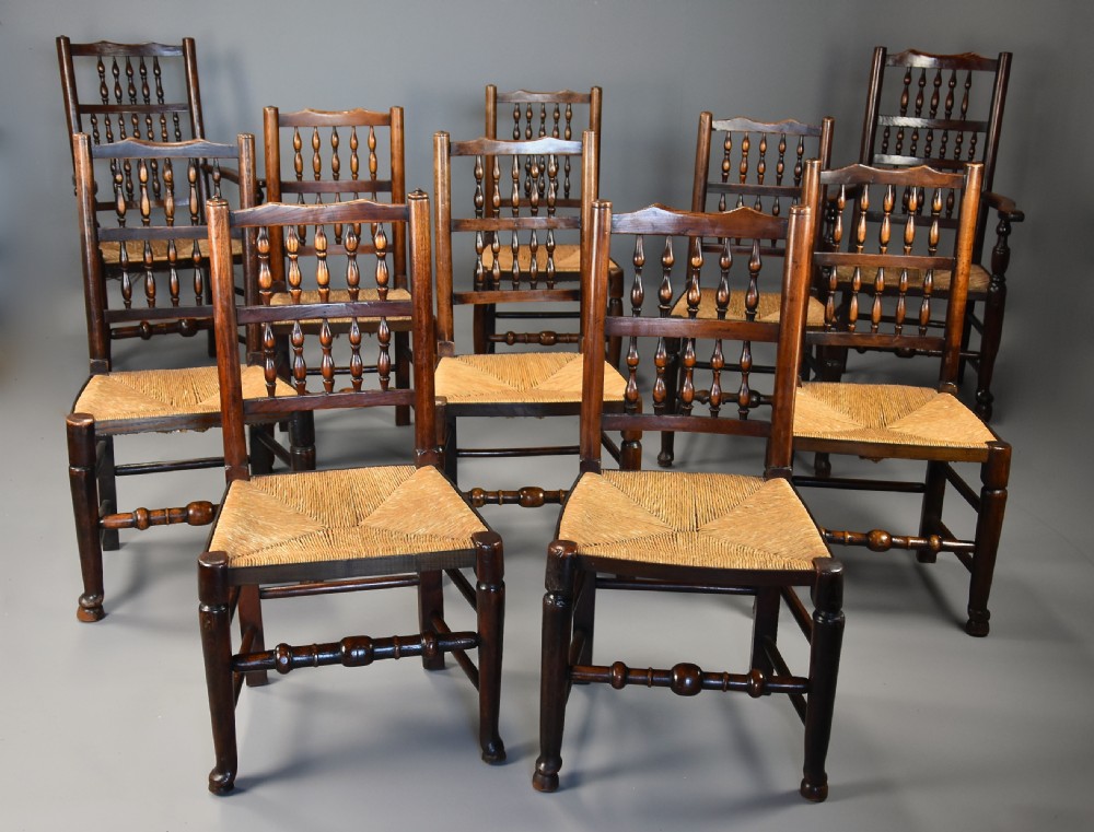 Mid 19th century matched set of ten ash, elm & sycamore spindle back chairs of superb patina View III