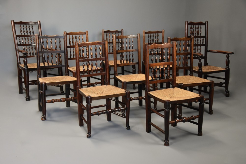 Mid 19th century matched set of ten ash, elm & sycamore spindle back chairs of superb patina View V