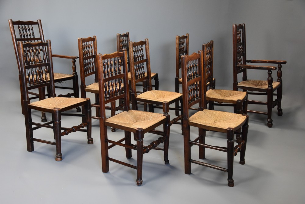 Mid 19th century matched set of ten ash, elm & sycamore spindle back chairs of superb patina View VI