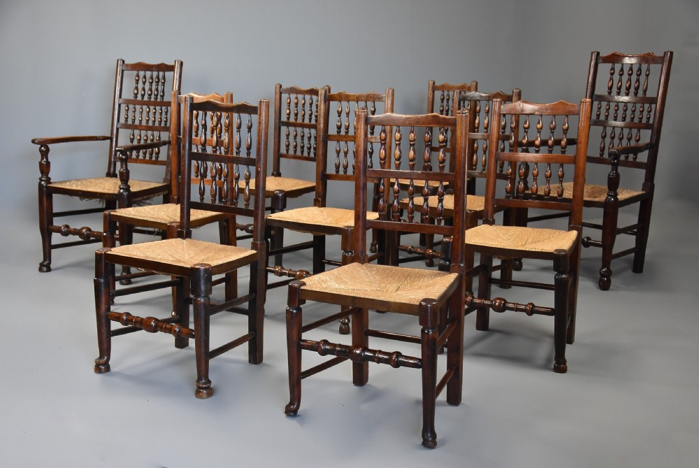 Mid 19th century matched set of ten ash, elm & sycamore spindle back chairs of superb patina View VII
