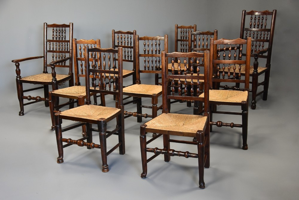 Mid 19th century matched set of ten ash, elm & sycamore spindle back chairs of superb patina View VIII