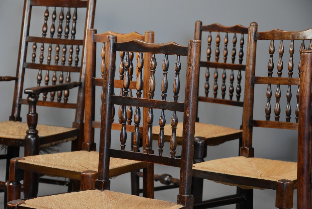 Mid 19th century matched set of ten ash, elm & sycamore spindle back chairs of superb patina View IX