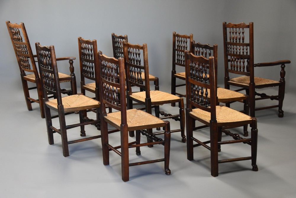 Mid 19th century matched set of ten ash, elm & sycamore spindle back chairs of superb patina View XII
