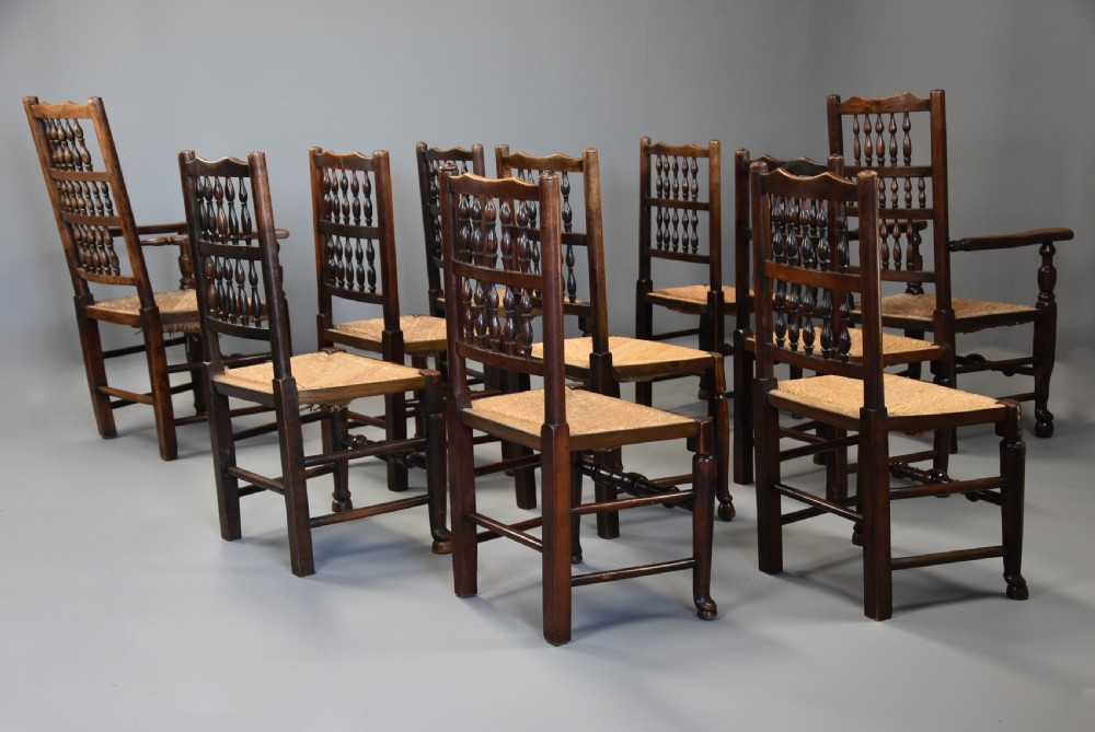 Mid 19th century matched set of ten ash, elm & sycamore spindle back chairs of superb patina View XIII