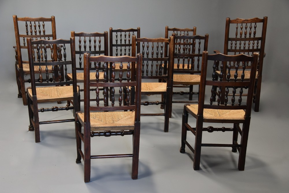 Mid 19th century matched set of ten ash, elm & sycamore spindle back chairs of superb patina View XIV