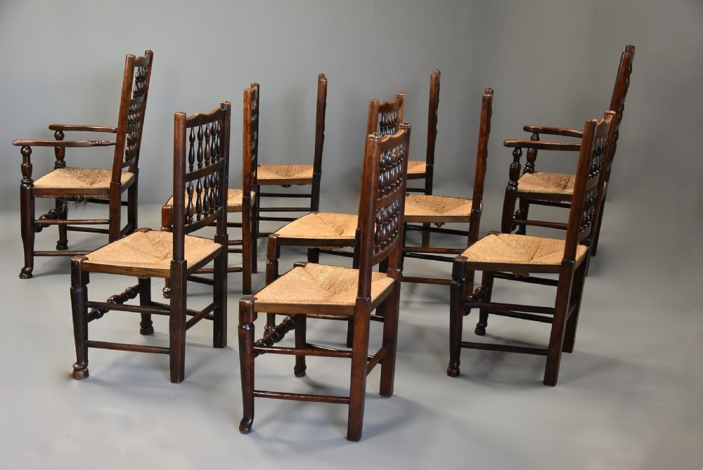 Mid 19th century matched set of ten ash, elm & sycamore spindle back chairs of superb patina View XV