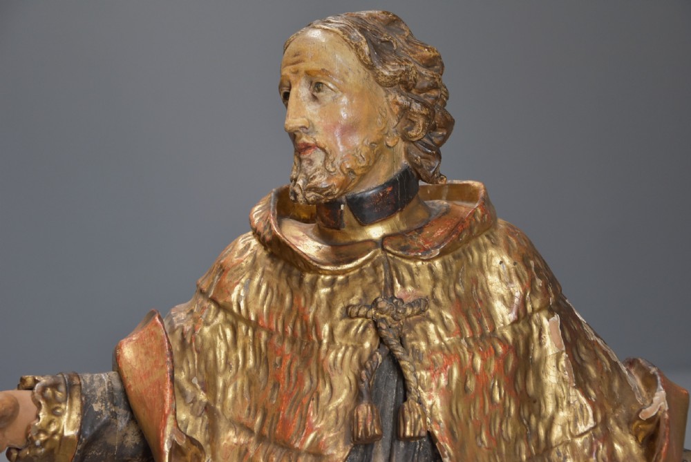 Superbly carved & highly decorative 18th century polychrome & gilt figure, probably Saint John of Nepomuk View V