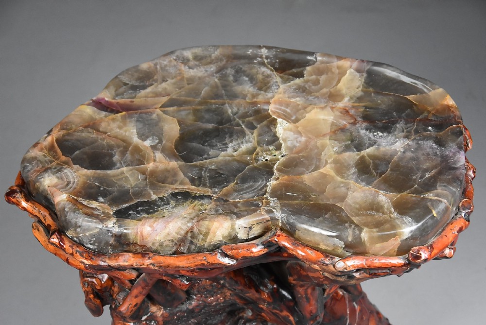 Late 19th-century Chinese rootwood stand featuring a gnarled organic base and a thick polished quartz stone top. View X