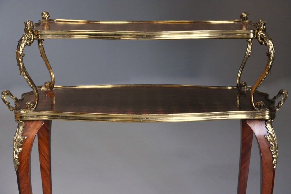 Fine quality late 19thcentury French Kingwood parquetry two tier serpentine shaped etagere View VII