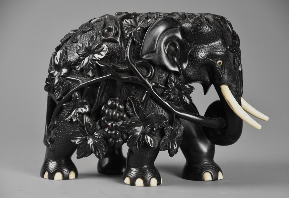 Rare mid 19th century finely carved Ceylonese ebony elephant from the Galle district of Sri Lanka (formerly Ceylon)