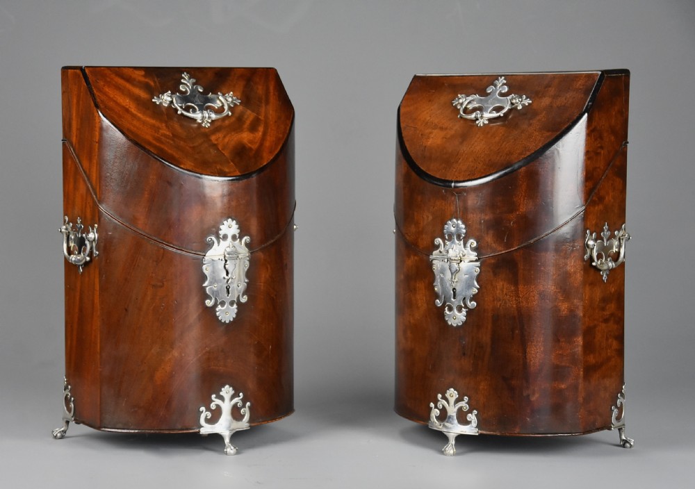 A pair of late eighteenth-century bow-front mahogany cutlery boxes with silver mounts and claw feet. View VI