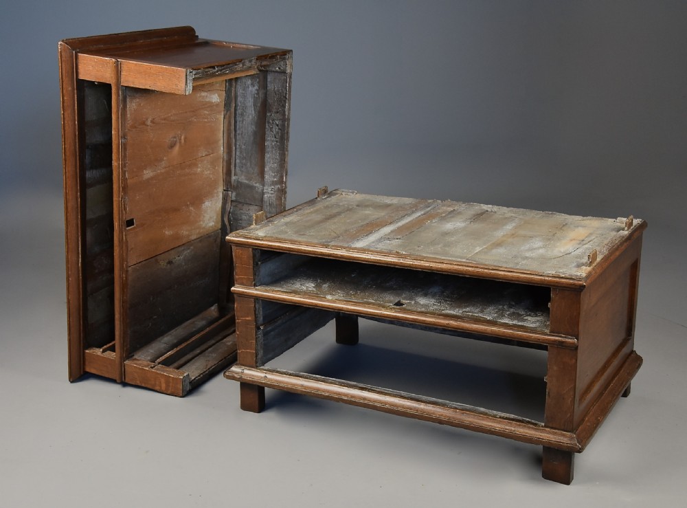 A late 17th-century oak chest of drawers featuring geometric moulded drawer fronts, brass drop handles, and decorative brass escutcheons. View XI