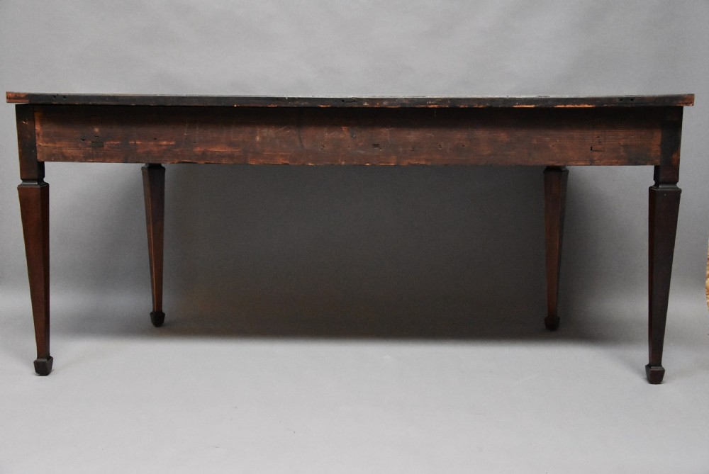 A late 18th-century Sheraton mahogany bowfront side table with two drawers, brass swan-neck handles, boxwood inlay, and square tapered legs. View XIV