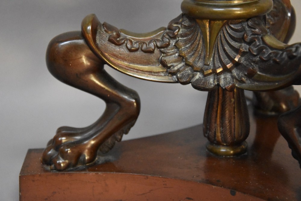 A pair of tall late 19th-century Regency style mahogany torcheres featuring fluted columns, ornate bronze monopodia legs, and triform bases. View VIII