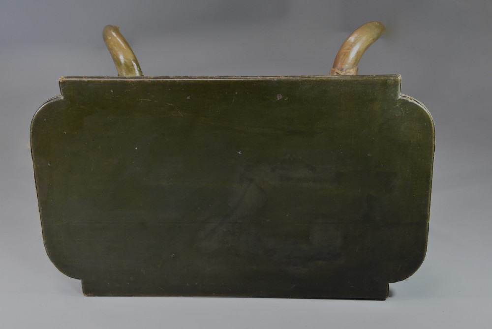 Late nineteenth-century German side table featuring a dark green leather studded top supported by fur-wrapped posts and natural cow horn legs. View VIII