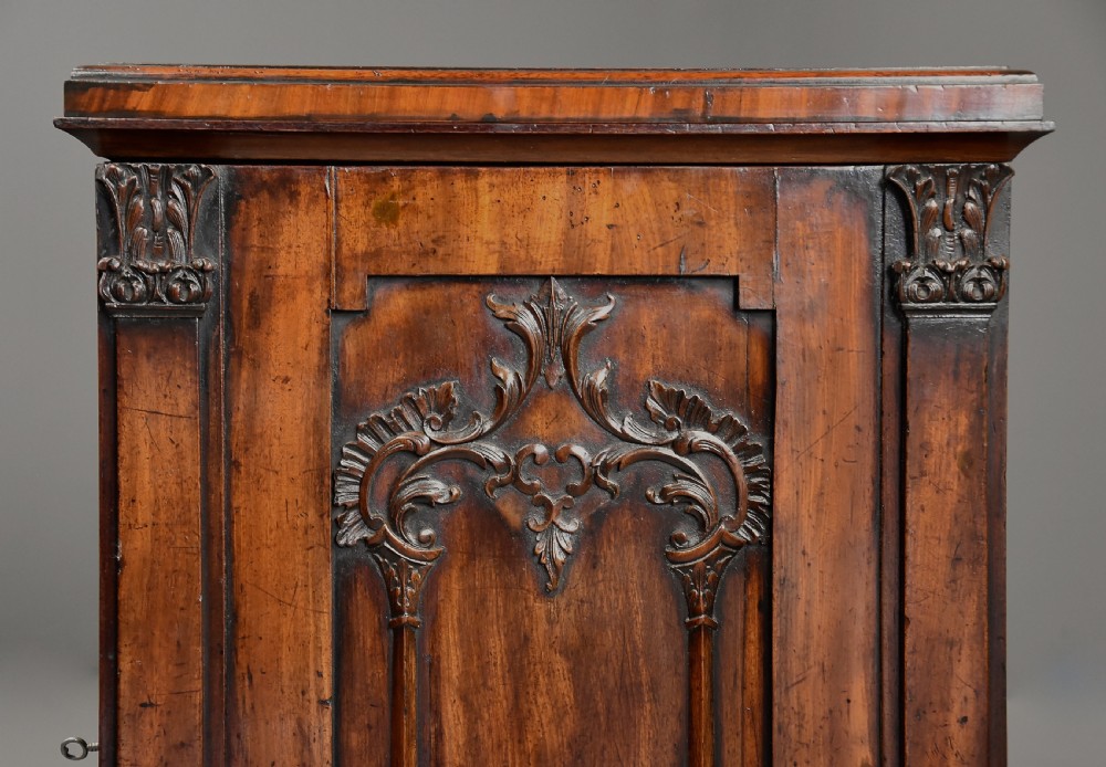 A pair of mid-18th-century mahogany Chippendale pedestal cabinets featuring relief-carved Rococo door panels, corner pilasters, and carved bracket feet. View VIII