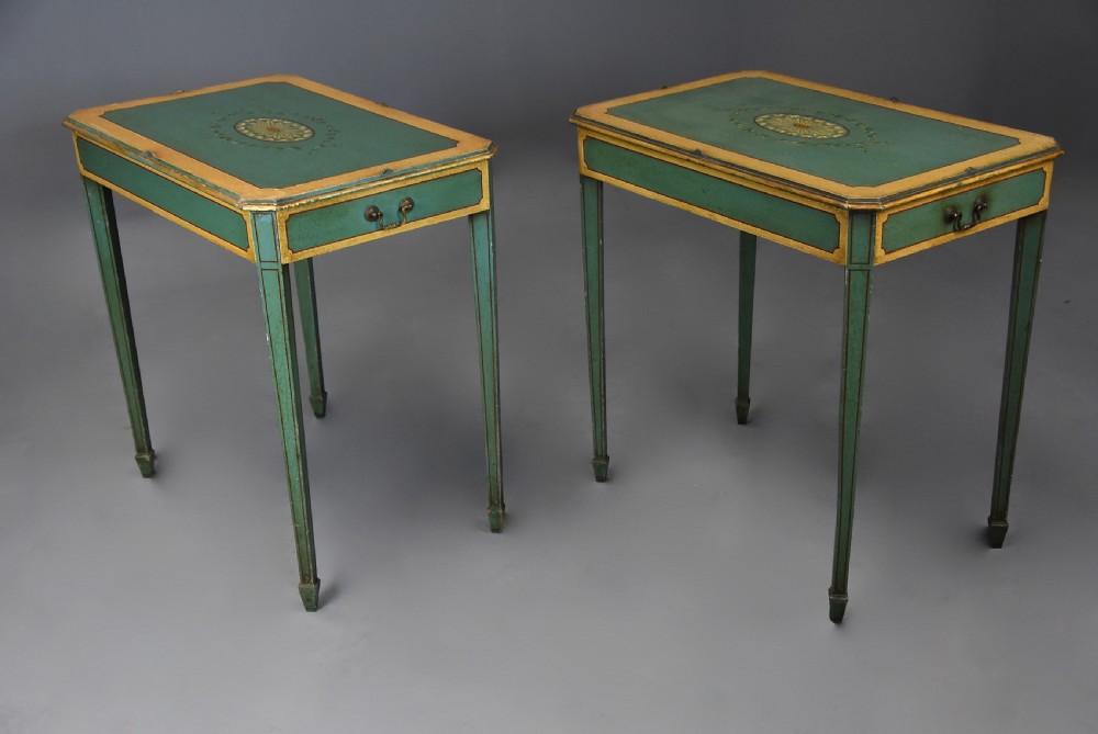 An early twentieth-century hand-painted green and gold bedroom suite featuring a wardrobe, chest of drawers with mirror, dressing desk, side tables, and caned chairs decorated with floral urn motifs. View XIII