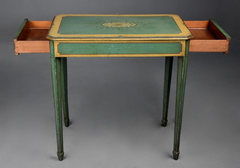 An early twentieth-century hand-painted green and gold bedroom suite featuring a wardrobe, chest of drawers with mirror, dressing desk, side tables, and caned chairs decorated with floral urn motifs. View XIV