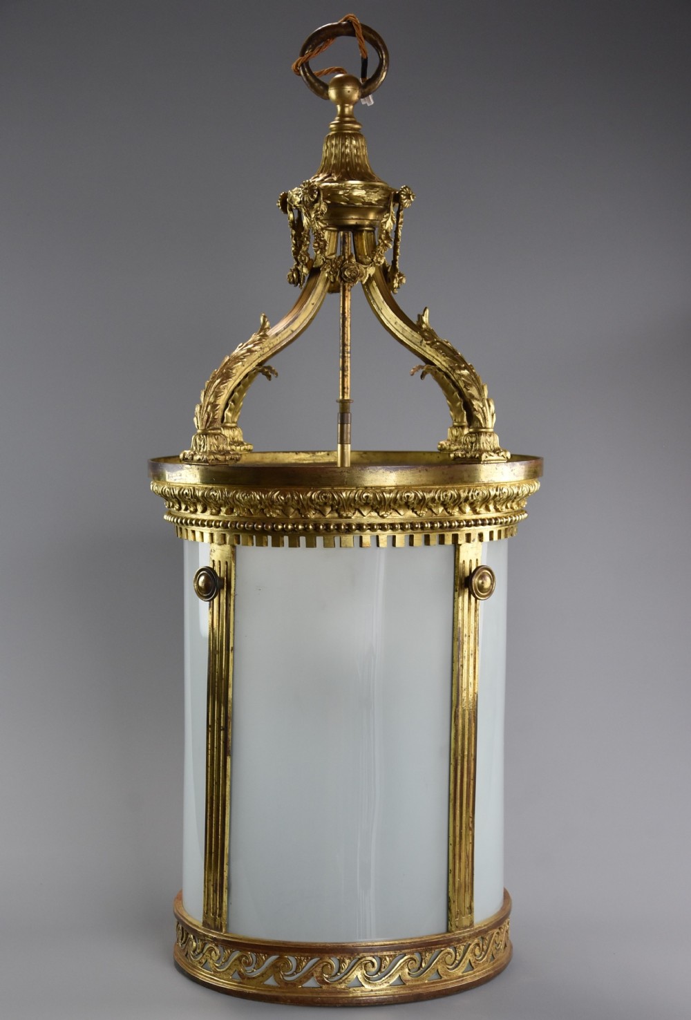 Large late 19thc fine quality French gilt bronze circular hanging hall lantern