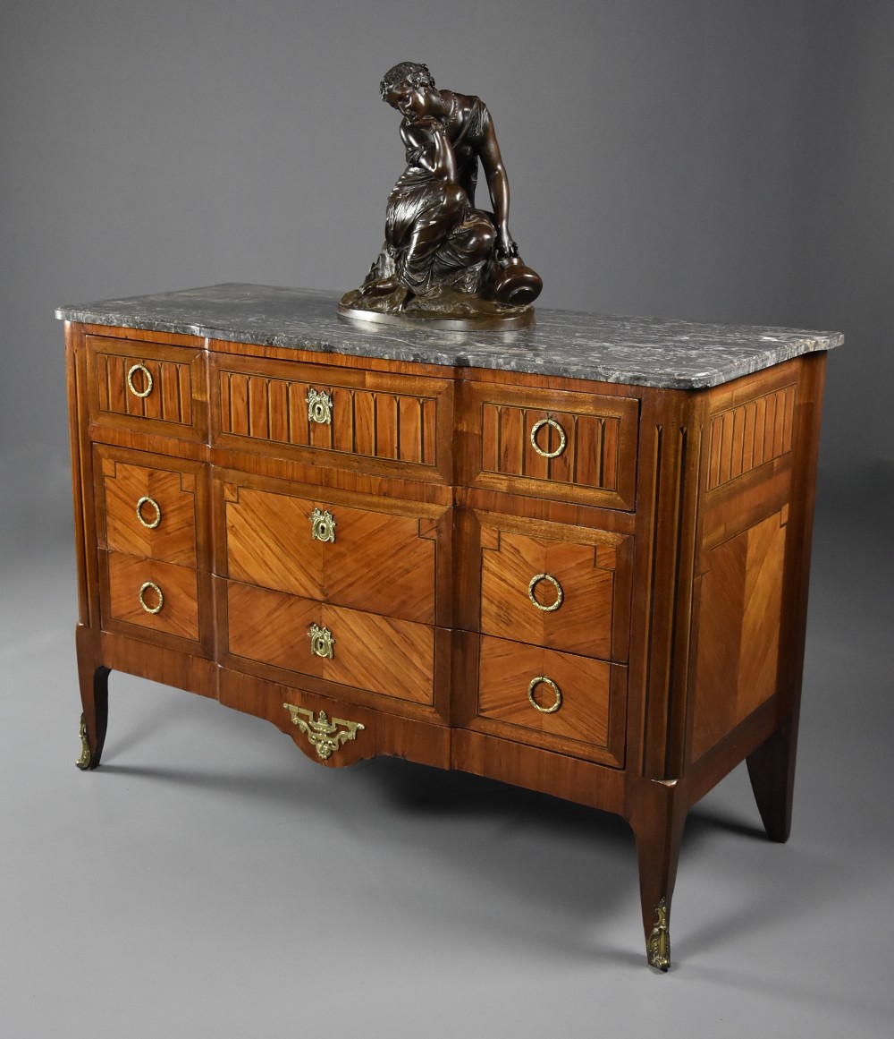 Late 19th century French Louis XVI style tulipwood breakfront commode with original marble top
