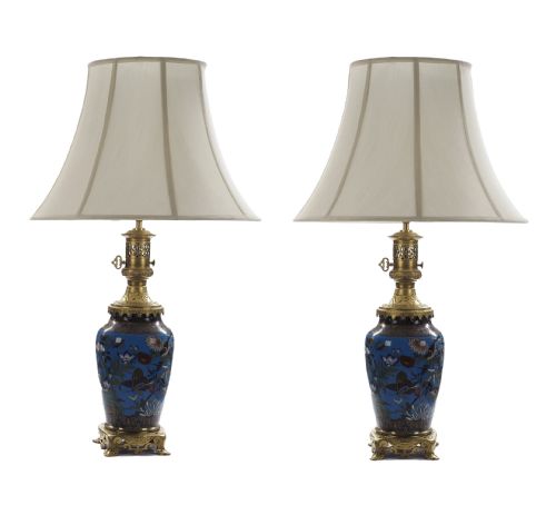 PAIR OF FINE CHINESE CLOISONNE BALUSTER FORM ANTIQUE VASE LAMPS DRESSED WITH FRENCH ORMOLU MOUNTS