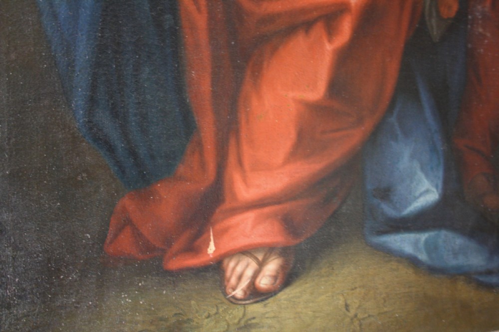 An 18th-century oil painting on canvas depicting the Holy Family set in a narrow gilded wooden frame. View IV