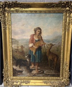 1878 LARGE OIL ON CANVAS GIRL WITH FAWN AND DOG