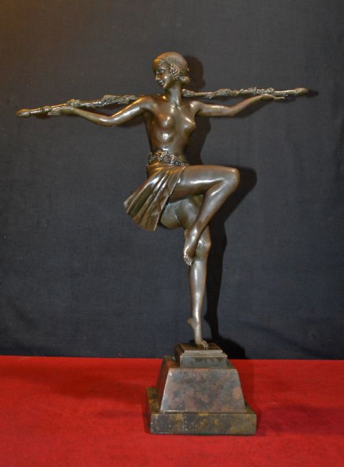 Semi Nude Topless Dancer Girl Art Deco Bronze Sculpture by Pierre La Faguays
