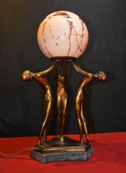 RARE 1920S ART DECO PATINATED SPELTER FIGURAL LAMP GROUP OF THREE SCANTILY CLAD DECO DANCERS