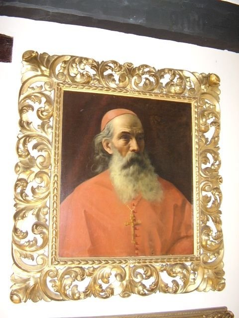 Italian School Portrait of a Cardinal in Red Robe Wearing Crucifix in Quality Florentine Carved Giltwood Frame C1800-25