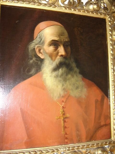 fig 1. ITALIAN SCHOOL PORTRAIT OF A CARDINAL IN RED ROBE WEARING CRUCIFIX IN QUALITY FLORENTINE CARVED GILTWOOD FRAME C1800-25