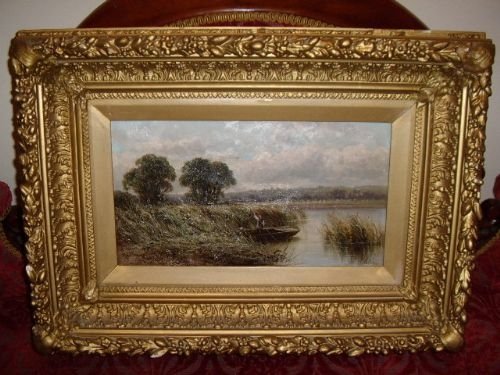 Victorian Oil on Canvas of Norfolk Broads "Punting"signed E.baker (One of a Pair)