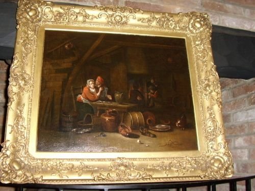 Oil Painting of Tavern Interior by Follower of David Teniers the Younger  1610-1690  36 X 30 Inches