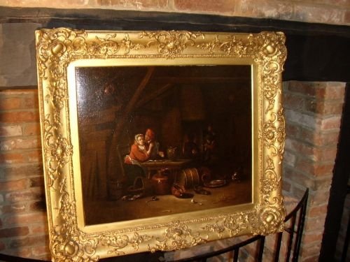 fig 1. OIL PAINTING OF TAVERN INTERIOR BY FOLLOWER OF DAVID TENIERS THE YOUNGER 1610-1690 36 x 30 INCHES