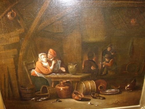 fig 2. OIL PAINTING OF TAVERN INTERIOR BY FOLLOWER OF DAVID TENIERS THE YOUNGER 1610-1690 36 x 30 INCHES