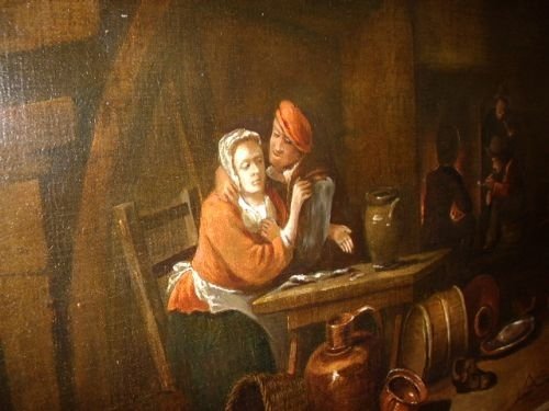 fig 3. OIL PAINTING OF TAVERN INTERIOR BY FOLLOWER OF DAVID TENIERS THE YOUNGER 1610-1690 36 x 30 INCHES