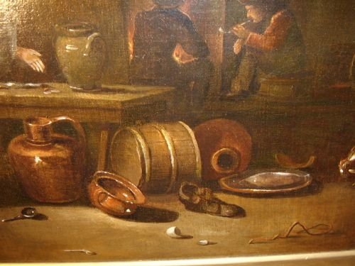 fig 4. OIL PAINTING OF TAVERN INTERIOR BY FOLLOWER OF DAVID TENIERS THE YOUNGER 1610-1690 36 x 30 INCHES
